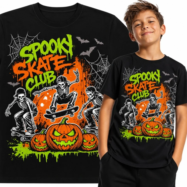Koszulka chłopięca „Spooky Skate Club” - szkielety na deskorolkach i dynie na Halloween