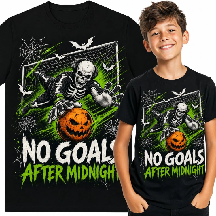 Koszulka chłopięca „No goals after midnight” - szkielet bramkarz z piłką-dynią na Halloween