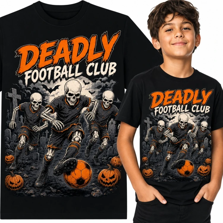 Koszulka chłopięca „Deadly Football Club” - szkielety piłkarze na cmentarzu