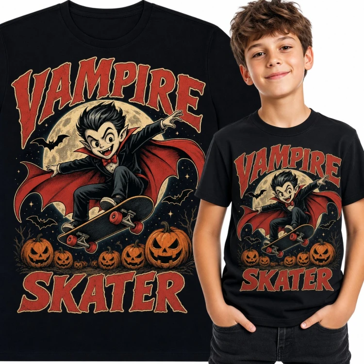 Koszulka chłopięca z wampirem na deskorolce „Vampire Skater” - halloweenowe dynie