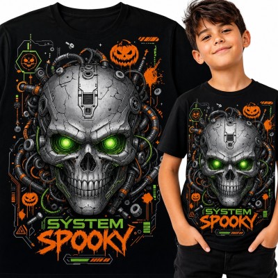 Koszulka chłopięca „System Spooky” - cyborg czaszka robota z dyniami na Halloween