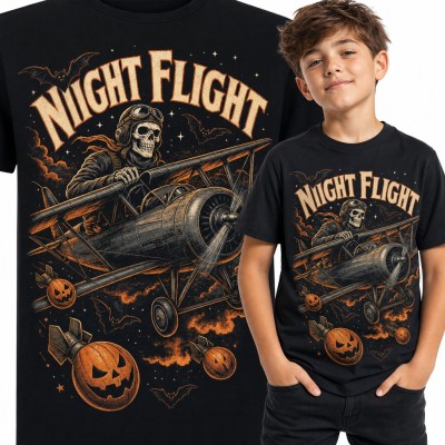 Koszulka chłopięca „Niight Flight” - szkielet pilot w dwupłatowcu na Halloween