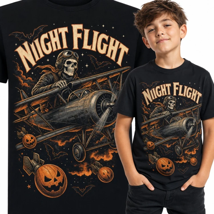 Koszulka chłopięca „Niight Flight” - szkielet pilot w dwupłatowcu na Halloween