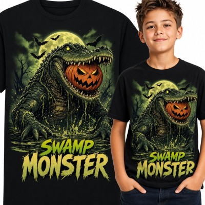 Koszulka chłopięca krokodyl z dynią „Swamp Monster” na Halloween