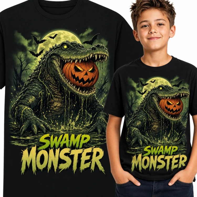 Koszulka chłopięca krokodyl z dynią „Swamp Monster” na Halloween