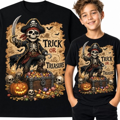 Koszulka chłopięca Halloween „Trick or Treasure” - pirat szkielet na skrzyni skarbów