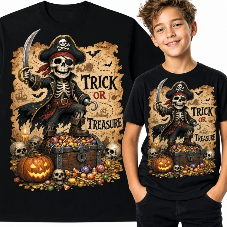 Koszulka chłopięca Halloween „Trick or Treasure” - pirat szkielet na skrzyni skarbów