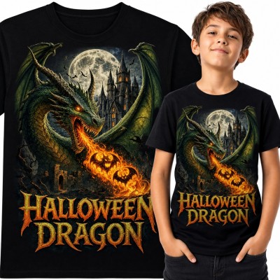 Koszulka chłopięca „Halloween Dragon” - zielony smok ziejący ogniem z nietoperzami
