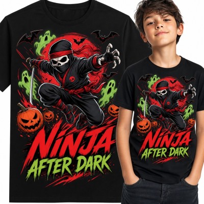 Koszulka chłopięca ninja z czaszką i dyniami „Ninja after dark” na Halloween