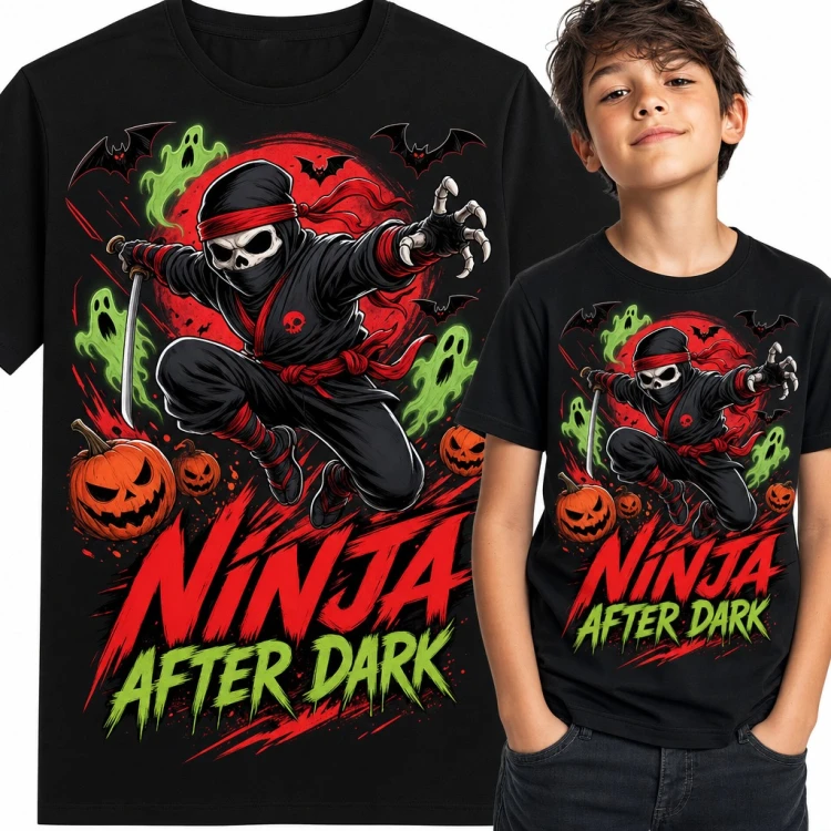 Koszulka chłopięca ninja z czaszką i dyniami „Ninja after dark” na Halloween