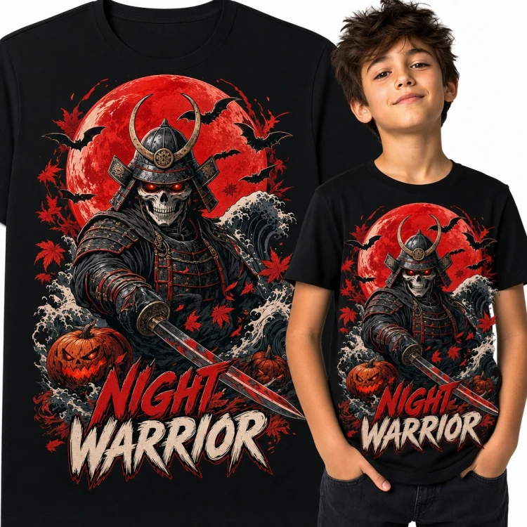 Koszulka chłopięca „Night Warrior” - samuraj szkielet z kataną i dyniami