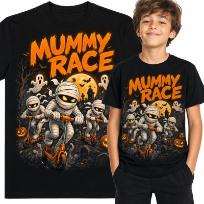 Koszulka chłopięca „Mummy Race” - mumie na hulajnogach w Halloween