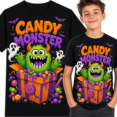 Koszulka chłopięca „Candy Monster” - zielony potworek w pudle cukierków na Halloween