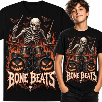 Koszulka chłopięca „Bone Beats” - szkielet perkusista z dyniami Halloween