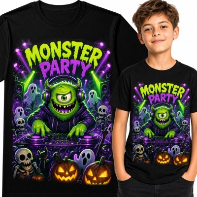 Koszulka chłopięca „Monster Party” - potwór DJ na halloweenowej imprezie