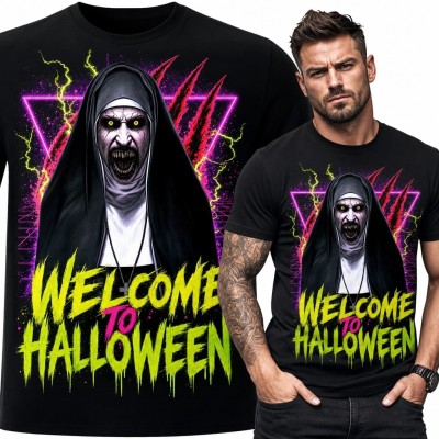 Koszulka męska na Halloween z demoniczną zakonnicą „Welcome to Halloween” - neonowy horror