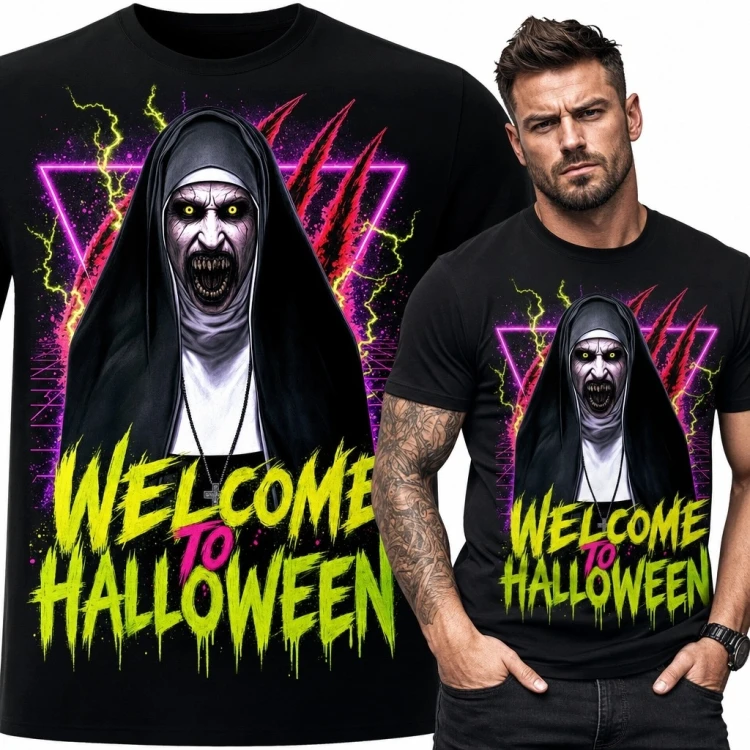 Koszulka męska na Halloween z demoniczną zakonnicą „Welcome to Halloween” - neonowy horror