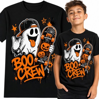 Koszulka chłopięca „Boo Crew” - duszek skater z deskorolką na Halloween