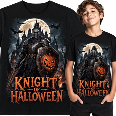 Koszulka chłopięca „Knight of Halloween” - rycerz szkielet z dynią na tarczy
