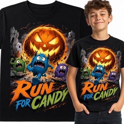 Koszulka chłopięca „Run for Candy” - potworki uciekające przed dynią na Halloween