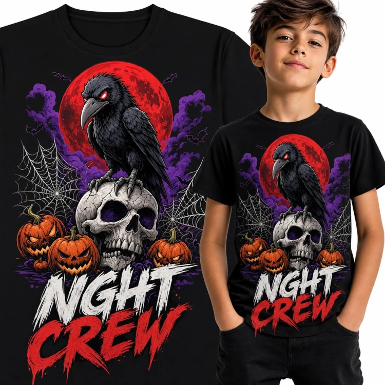 Koszulka chłopięca „Nght Crew” - kruk na czaszce i dynie halloweenowe