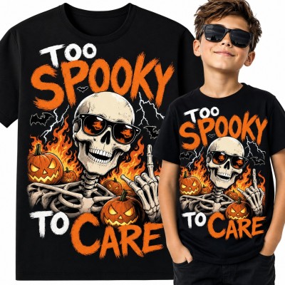 Koszulka chłopięca „Too spooky to care” - szkielet w okularach i dynie na Halloween