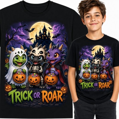 Koszulka chłopięca „Trick or Roar” - smoki w halloweenowych przebraniach