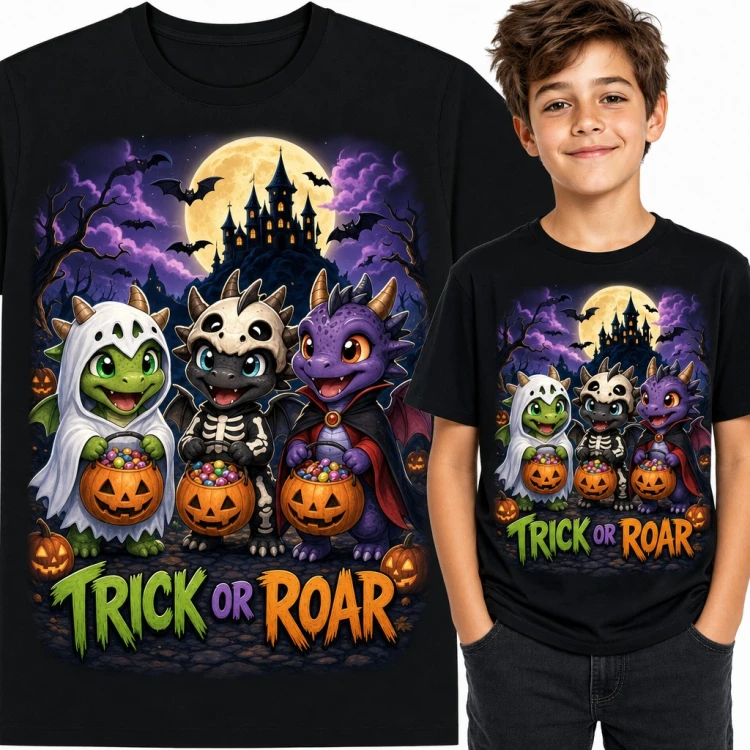 Koszulka chłopięca „Trick or Roar” - smoki w halloweenowych przebraniach