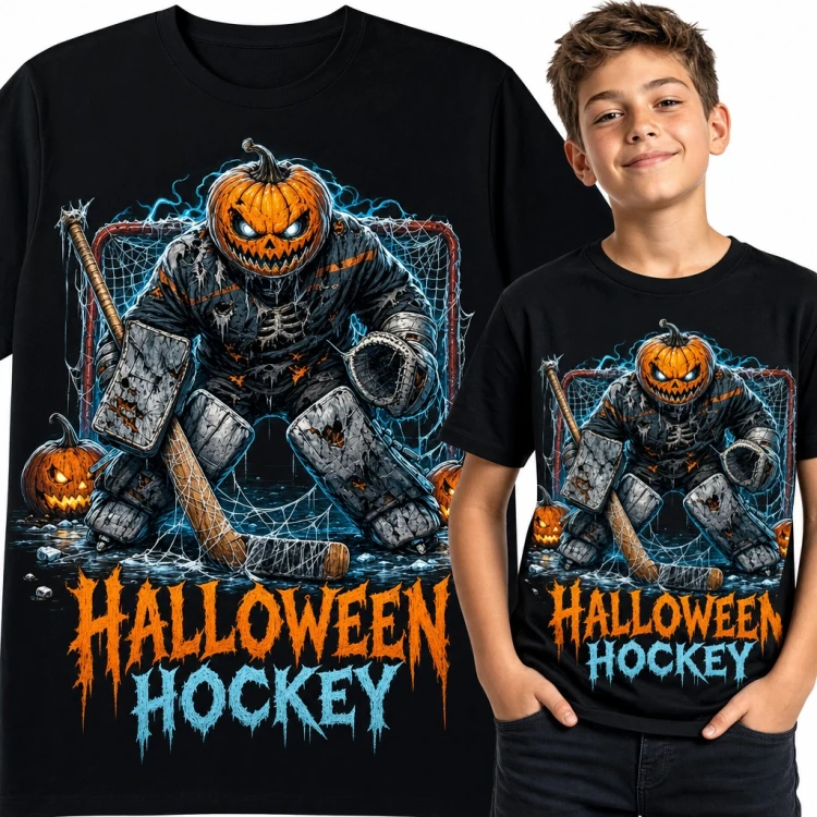 Koszulka chłopięca „Halloween Hockey” - bramkarz z głową dyni dla hokeisty