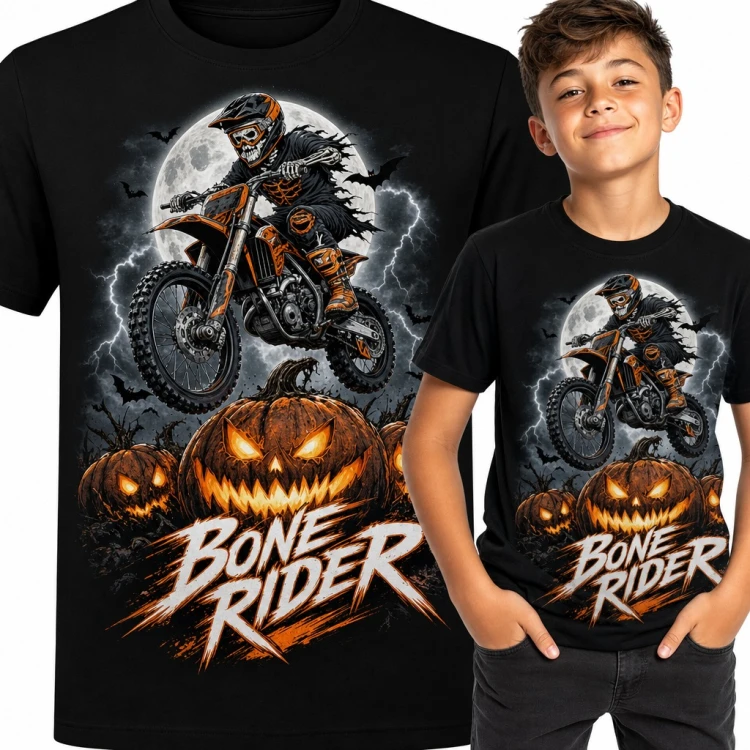 Koszulka chłopięca „Bone Rider” - szkielet na crossie i dynie Halloween