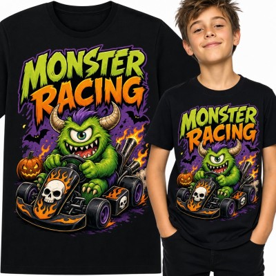 Koszulka chłopięca „Monster Racing” - jednooki potwór w gokarcie z płomieniami