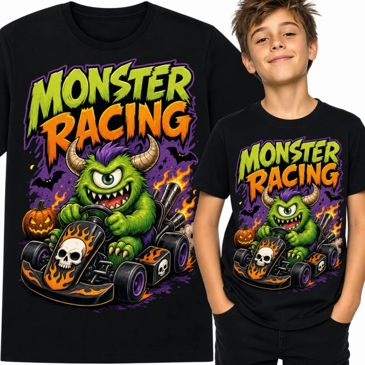 Koszulka chłopięca „Monster Racing” - jednooki potwór w gokarcie z płomieniami
