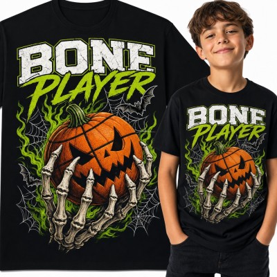 Koszulka chłopięca „Bone Player” - szkieletowa dłoń z piłką-dynią na Halloween
