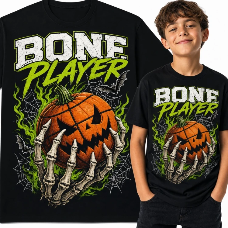 Koszulka chłopięca „Bone Player” - szkieletowa dłoń z piłką-dynią na Halloween