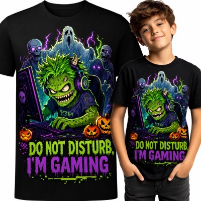 Koszulka chłopięca „Do not disturb, I'm gaming” - potworek gracz w słuchawkach i dynie