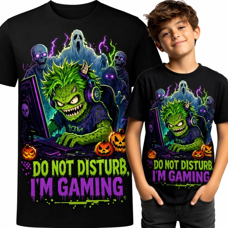Koszulka chłopięca „Do not disturb, I'm gaming” - potworek gracz w słuchawkach i dynie