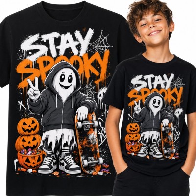 Koszulka chłopięca „Stay Spooky” - duszek z deskorolką na Halloween