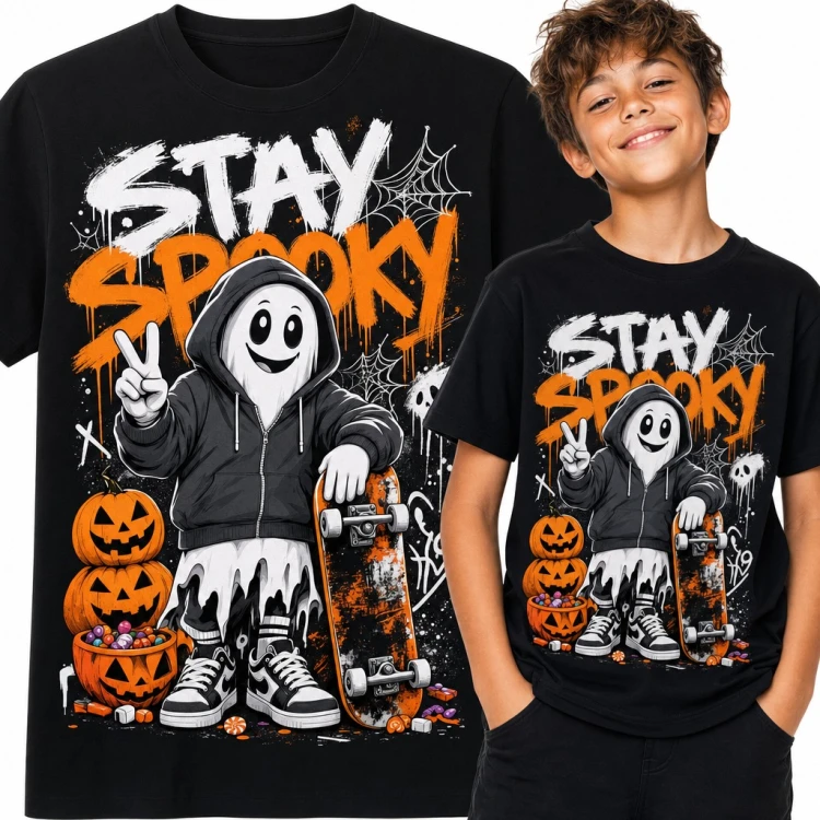 Koszulka chłopięca „Stay Spooky” - duszek z deskorolką na Halloween