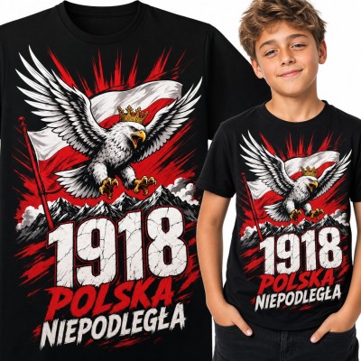 Koszulka chłopięca „1918 Polska Niepodległa” - orzeł w koronie z biało-czerwoną flagą