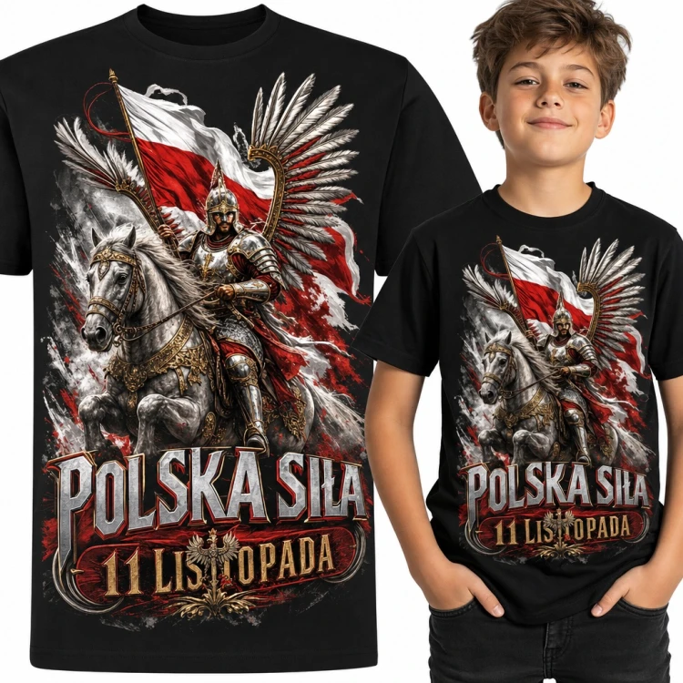 Koszulka chłopięca „Polska siła 11 listopada” - husarz z flagą na Święto Niepodległości