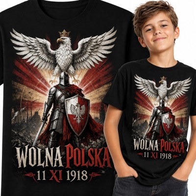 Koszulka chłopięca „Wolna Polska 11 XI 1918” - rycerz z tarczą i orzeł w koronie