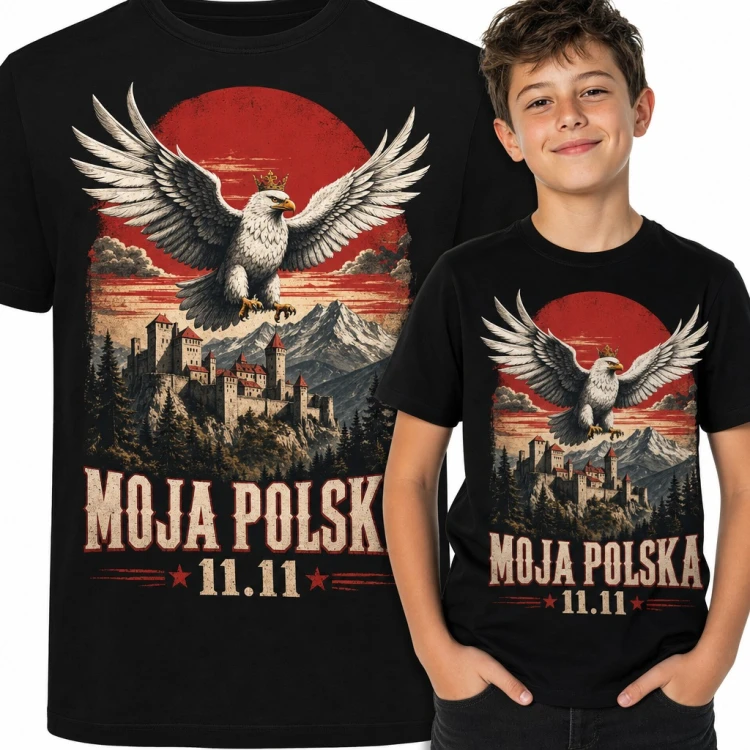 Koszulka chłopięca „Moja Polska 11.11” - orzeł w koronie nad zamkiem na Święto Niepodległości