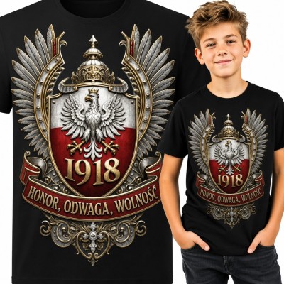 Koszulka chłopięca z orłem białym i rokiem 1918 „Honor, odwaga, wolność”