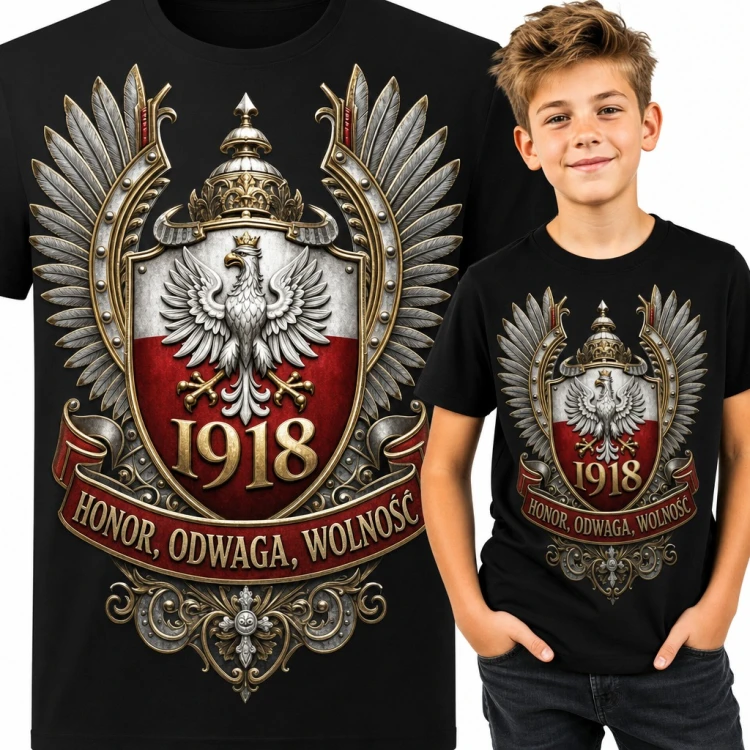 Koszulka chłopięca z orłem białym i rokiem 1918 „Honor, odwaga, wolność”