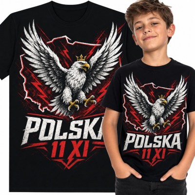 Koszulka chłopięca „Polska 11 XI” - orzeł w koronie na tle mapy na Święto Niepodległości