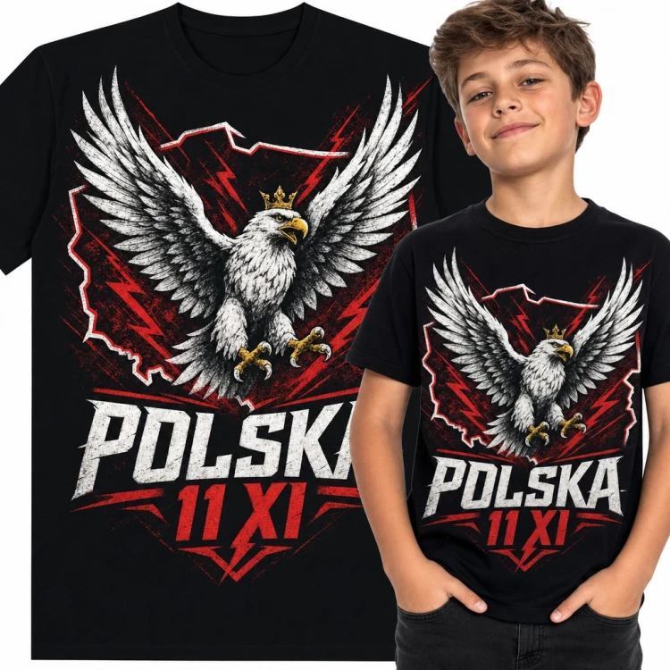 Koszulka chłopięca „Polska 11 XI” - orzeł w koronie na tle mapy na Święto Niepodległości