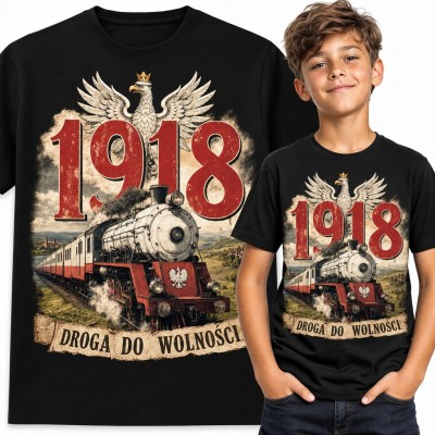 Koszulka chłopięca „1918 Droga do wolności” - patriotyczna lokomotywa z godłem