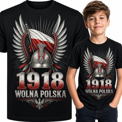 Koszulka chłopięca „1918 Wolna Polska” - husarski hełm, skrzydła i flaga na Święto Niepodległości