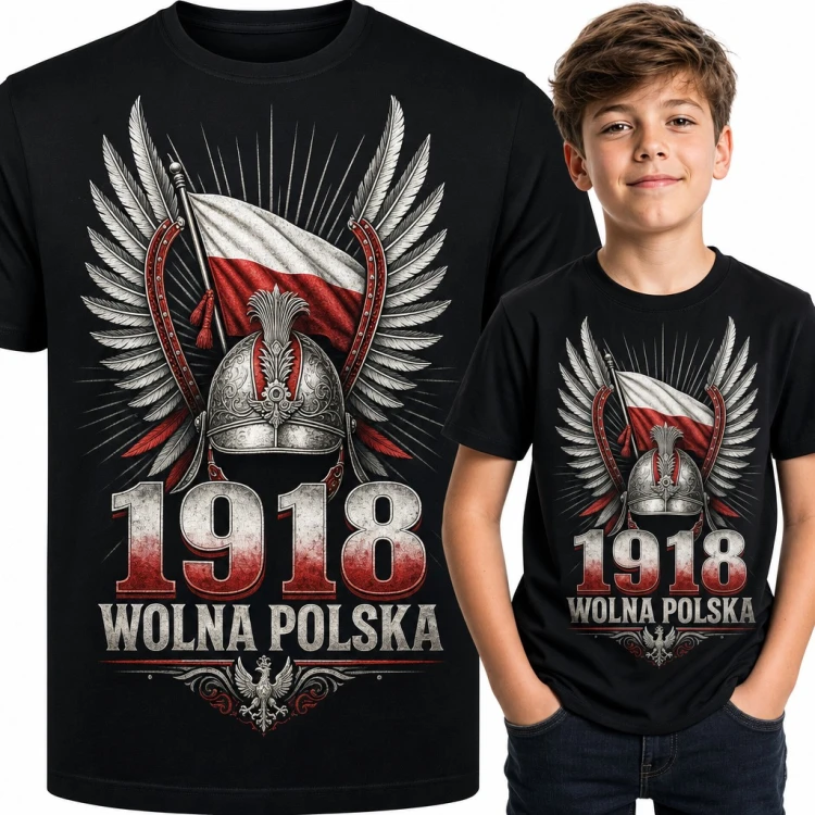 Koszulka chłopięca „1918 Wolna Polska” - husarski hełm, skrzydła i flaga na Święto Niepodległości