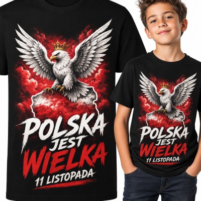 Koszulka chłopięca „Polska jest wielka 11 listopada” - biały orzeł w koronie